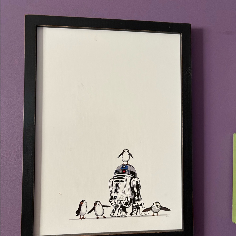 Star Wars Art Print with R2-D2 and Porgs - Black and White